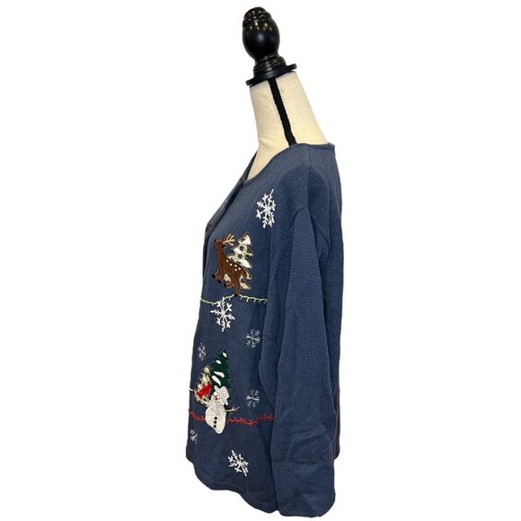 Vintage Bechamel Not Ugly Christmas Cardigan Sweater Blue Snowmen Reindeer 2XL - Picture 3 of 6